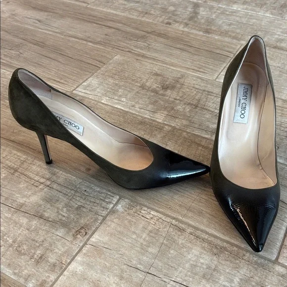 Jimmy Choo Patent Suede Black/Military 3” Heels - Picture 4 of 8